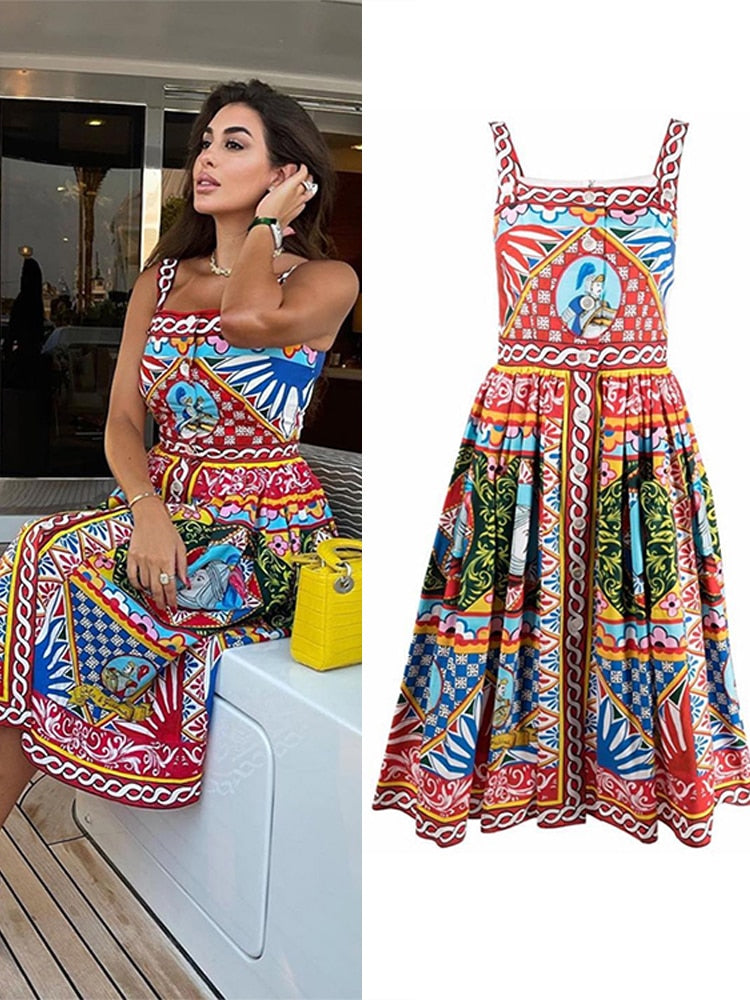 Printed Sleeveless Spaghetti Strap Slim A-line Dresses