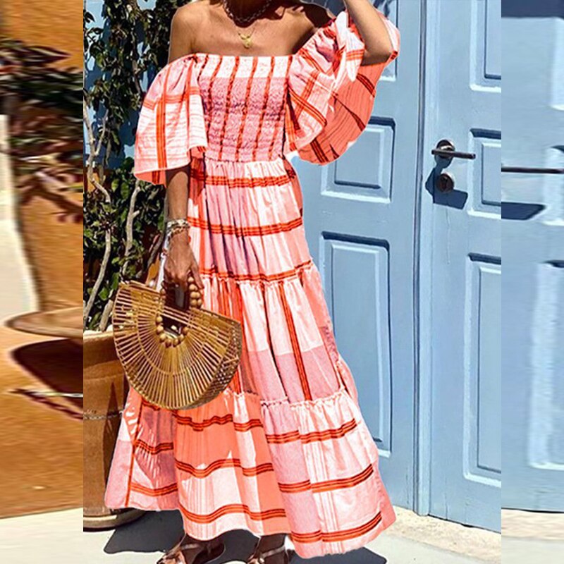 Summer Plaid Print A-line Off the shoulder Boho Beach Dress
