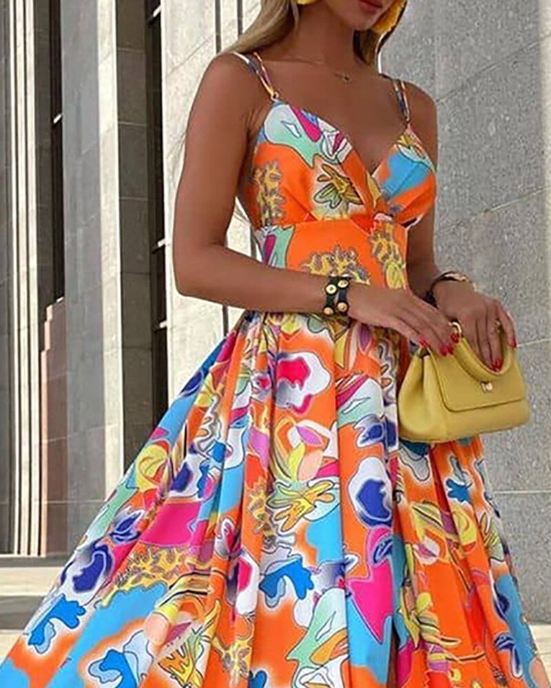 Orange Print Split Dress