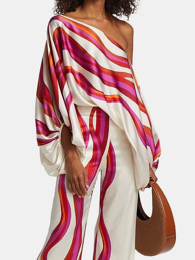 Casual Lantern Sleeve Off Shoulder Top Wide Leg Pants Suit