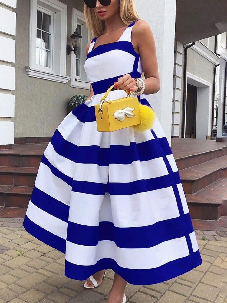 Elegant Off Shoulder  Striped Print Sleeveless Long Party Dress