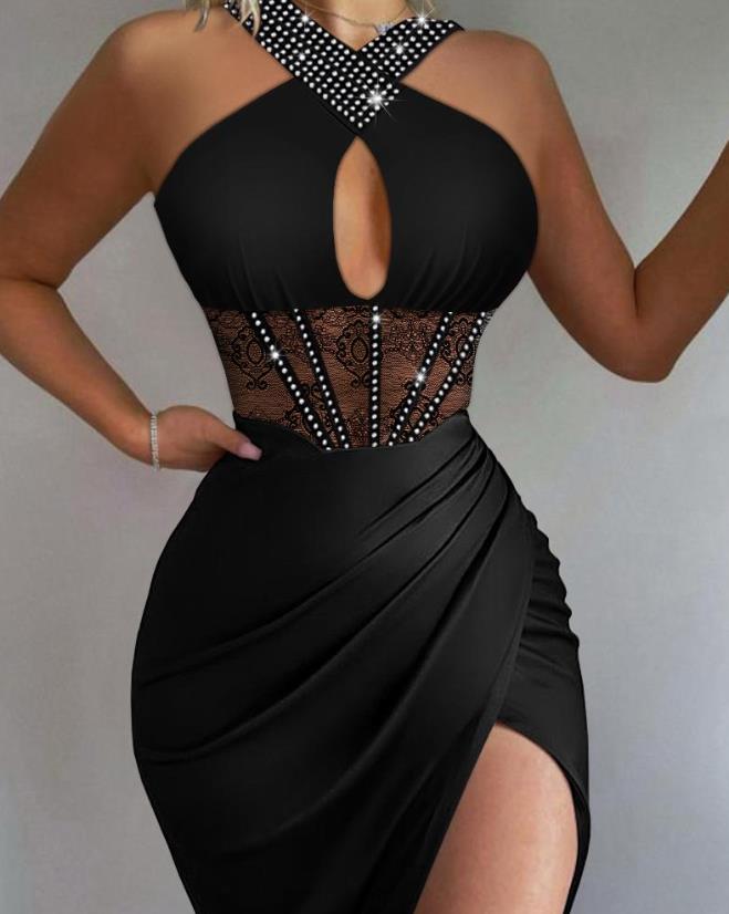 Rhinestone Ruched High Slit Contrast Lace Corset Sleeveless Halter Slim Dress