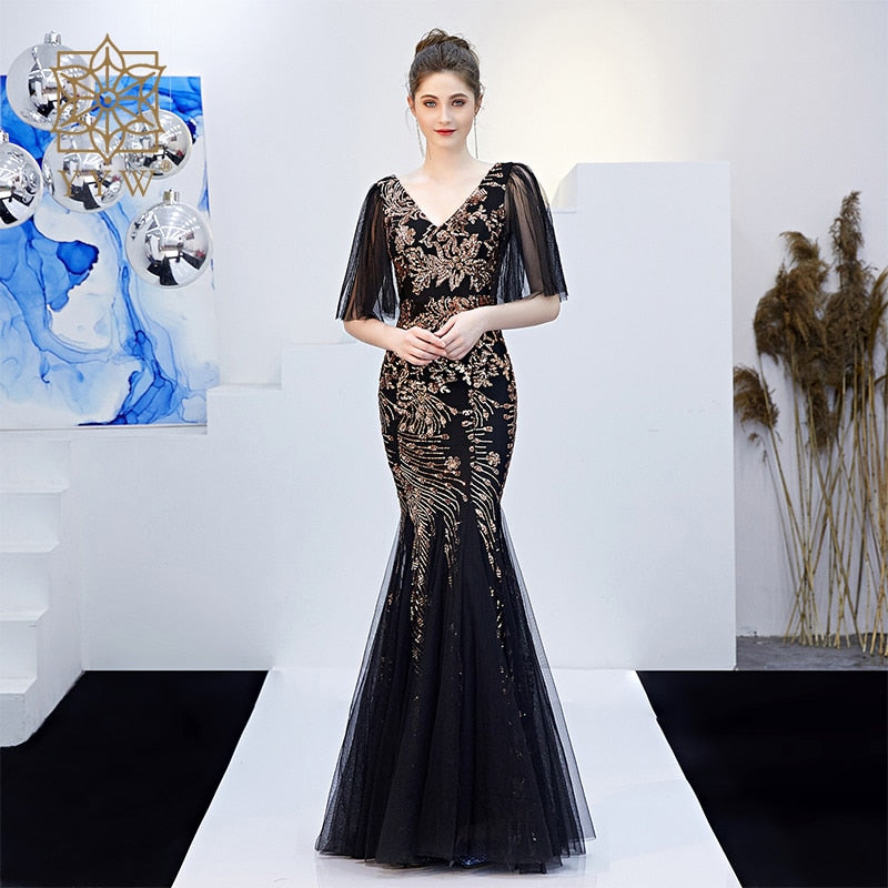 Luxury Black Mesh & Gold Floral Sequined V Neck Mermaid Dress