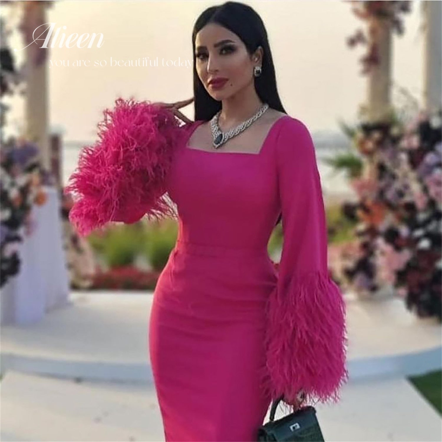 Pink Feather Gala Polo Collar Long Luxury Evening Dresses