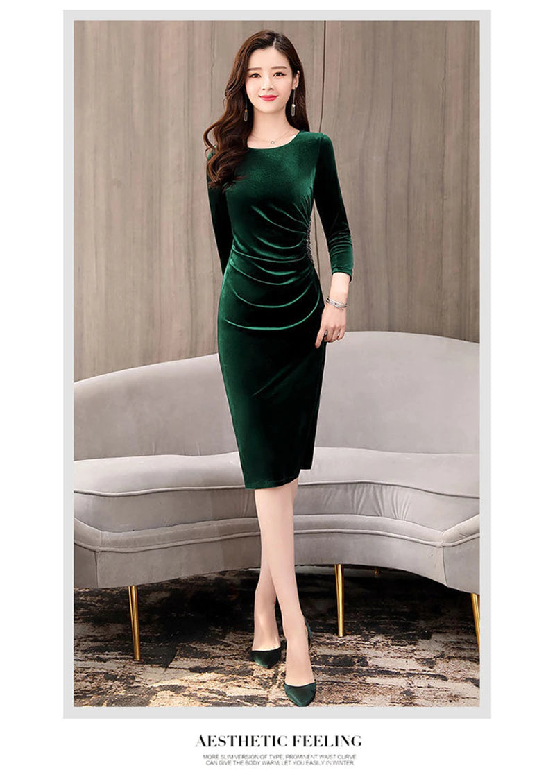 Elegant Long Sleeve Slim Pleated Sequin Velvet Dress