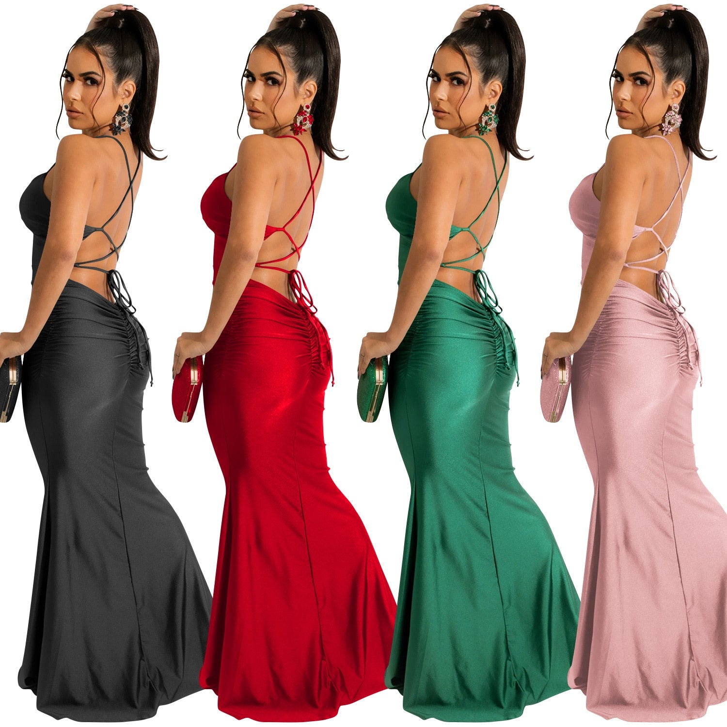 Ruched Backless Sexy Party Maxi Dress