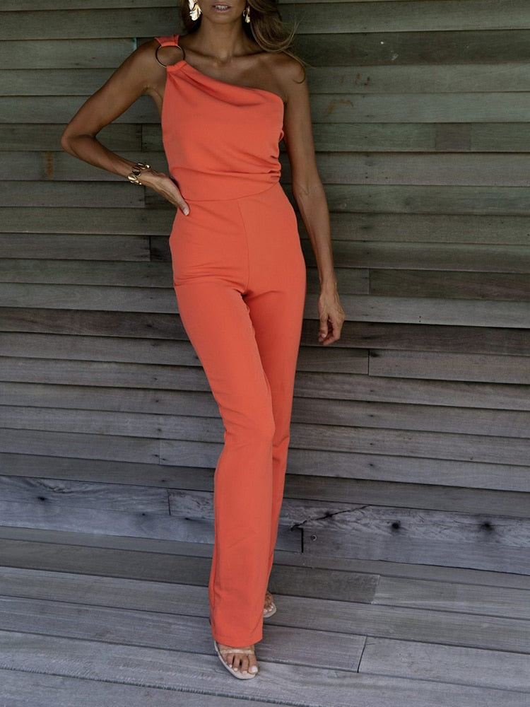 One Shoulder Diagonal Collar Back Zipper Jumpsuits