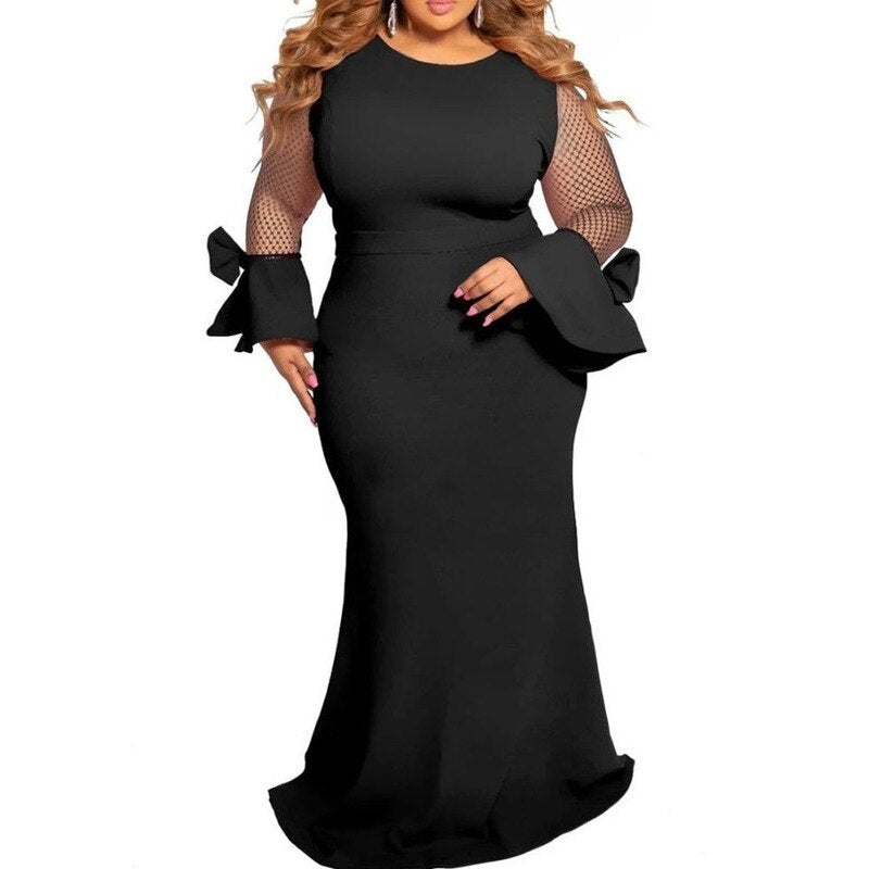 Plus Size DSheer Mesh Long Sleeve Long Maxi Dress