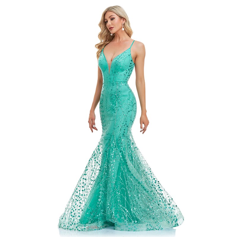 Sequin Sparkly Luxury Spaghetti Straps Mermaid Elegant Green Bodycon Backless Bandage Evening Dresses