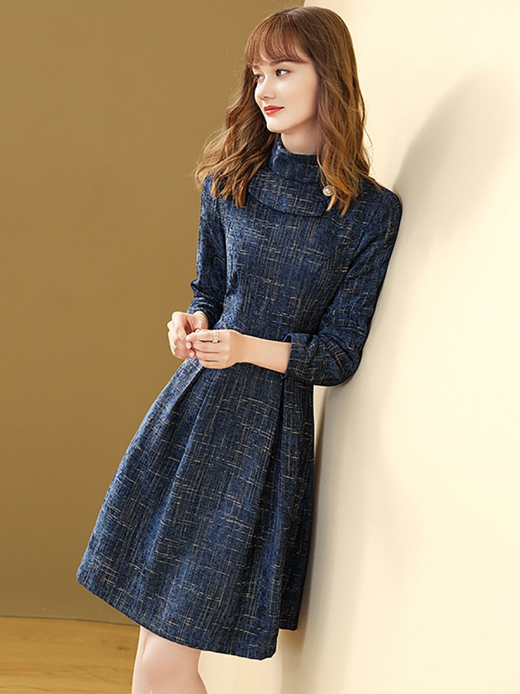 Blue Plaid Woolen Half-high Collar A-line Office Dress
