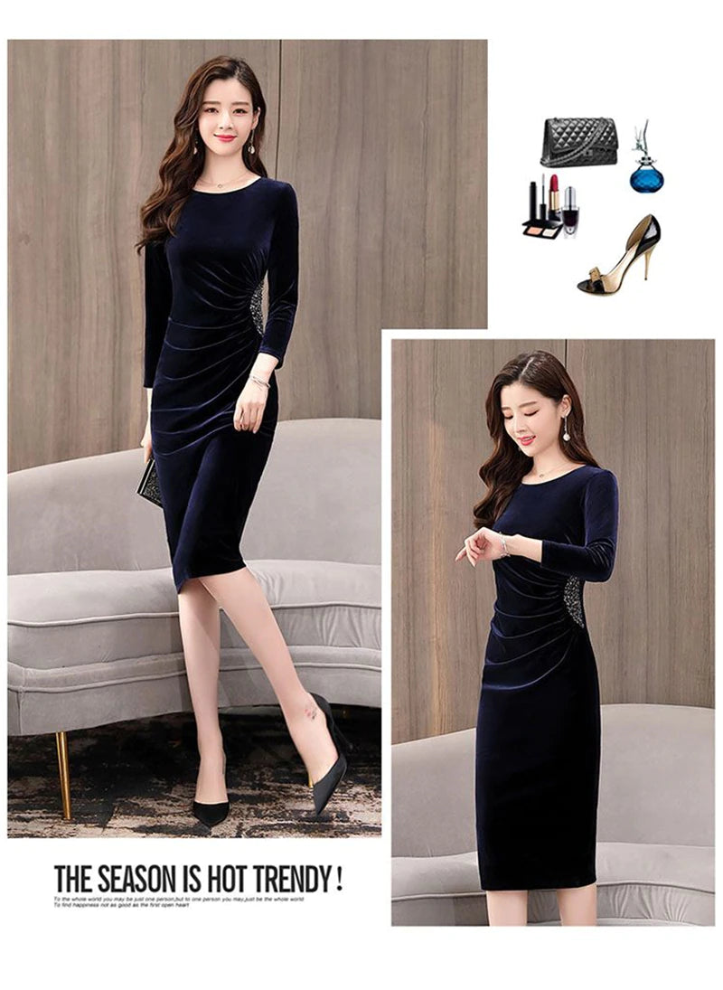 Elegant Long Sleeve Slim Pleated Sequin Velvet Dress