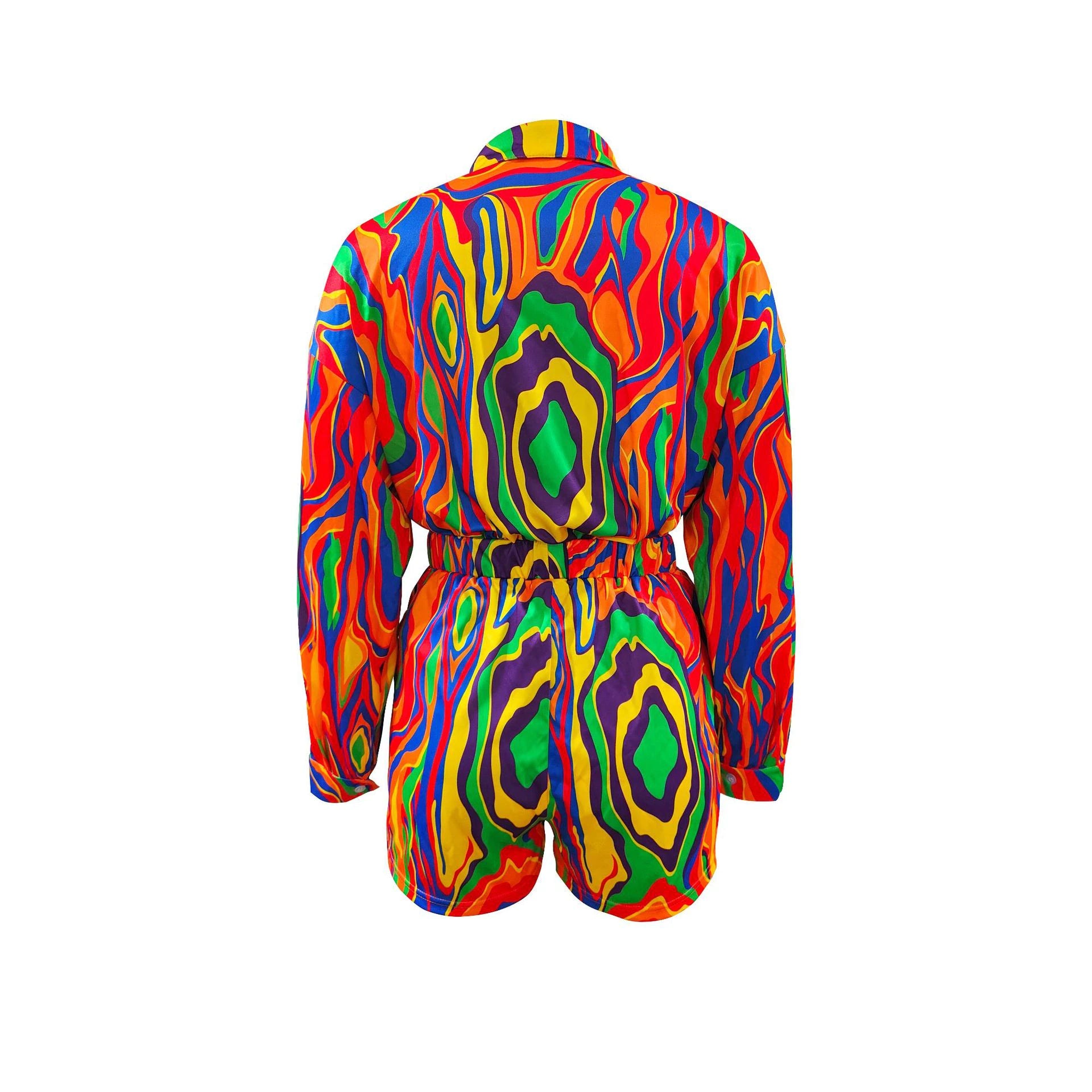 Casual Tie Dye Printed Lapel Long Sleeve Shirt Tops and Shorts Suit