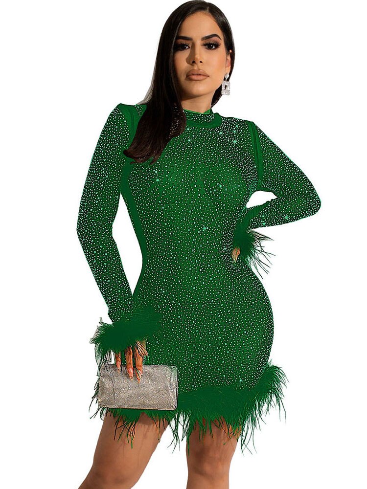 Feather Rhinestone Short Prom Dress