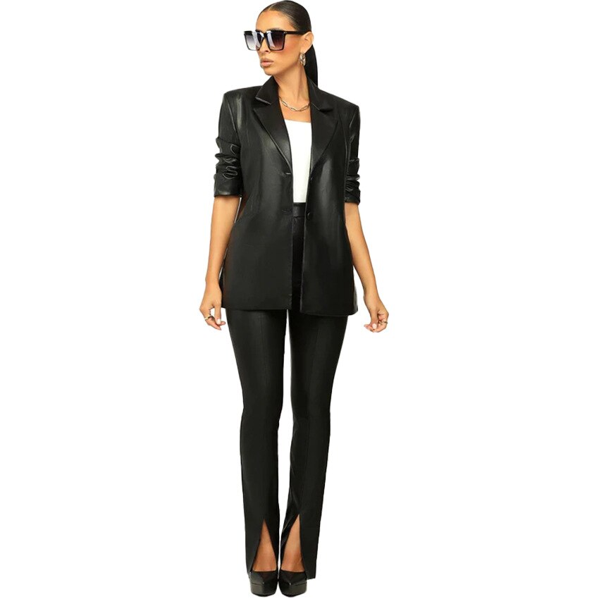 PU Leather  2 Piece Set Notch Neck Blazer High Waist Pants