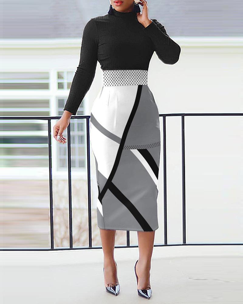 Autumn Winter Elegant High Collar Long Sleeve Printed Slit Slim Dress