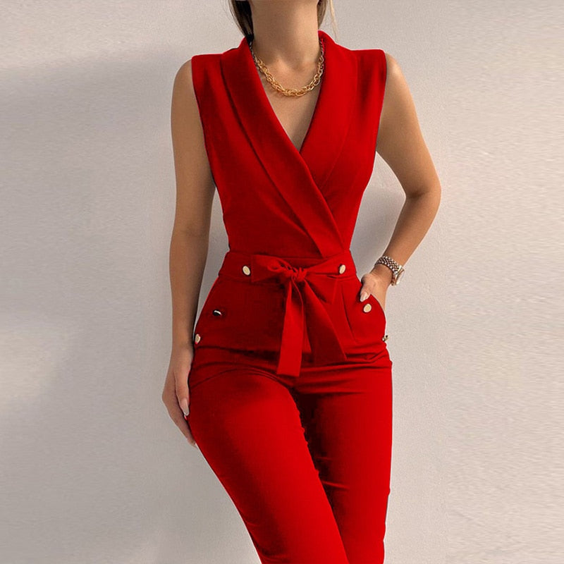 Summer V-Neck Lace-Up Sleeveless Wide Leg  Jumpsuits