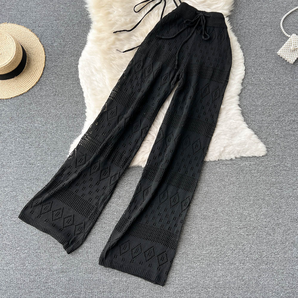 Sexy Backless Halter Short Tops+Chic Hollow Knitted Wide Leg Long Pants