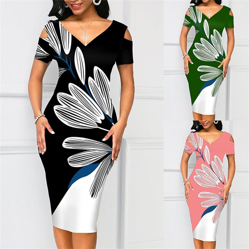 Summer V Neck Elegant Print Patchwork Slim Work Dress