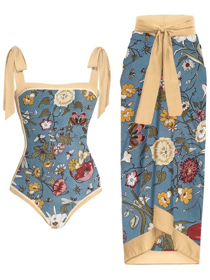 Retro Holiday Bowknot One Piece Swimsuit with Skirt