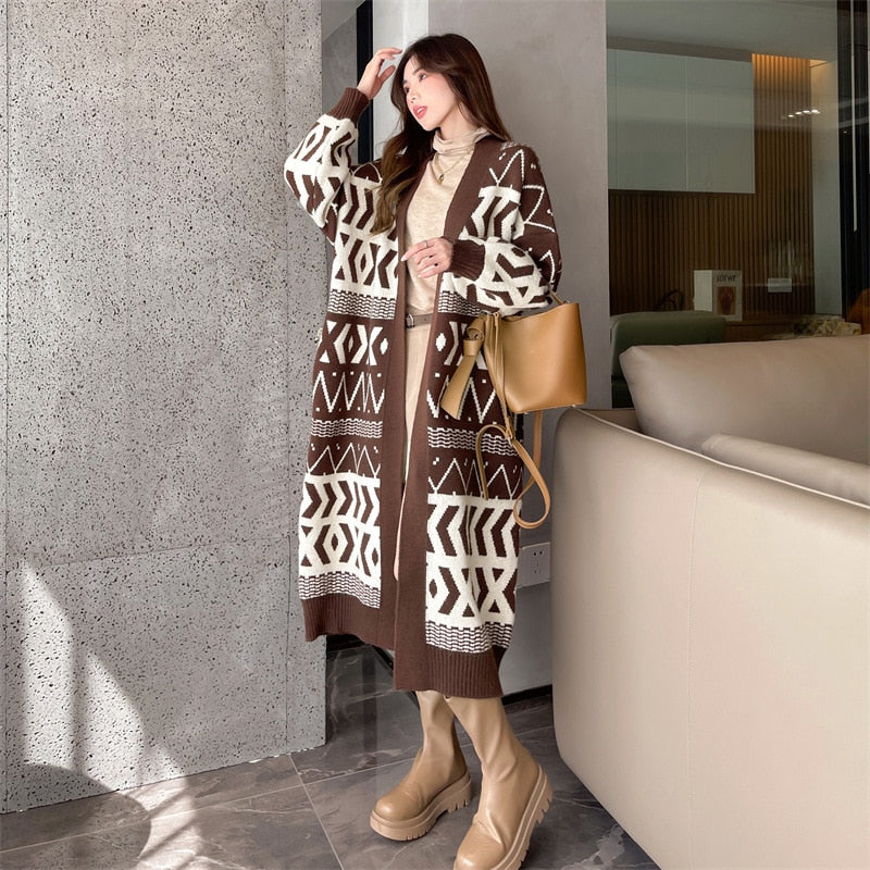 Women Autumn Winter Patchwork Long Knitted Maxi Y2k Sweater Coat