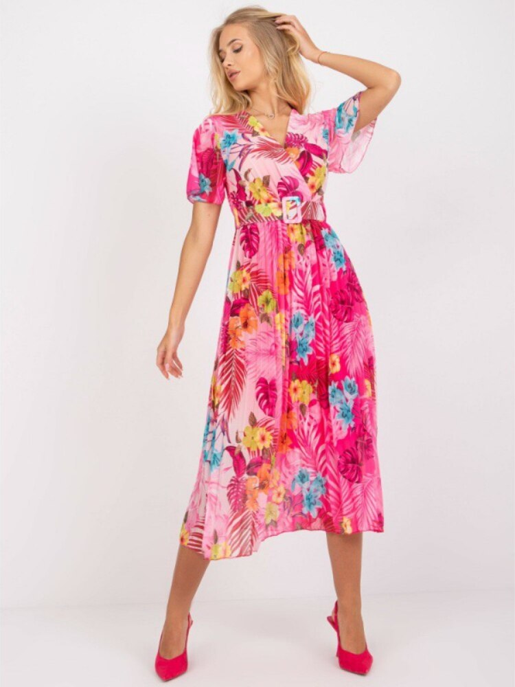 Summer  V-neck Printed High Waist Pleated  Dresses