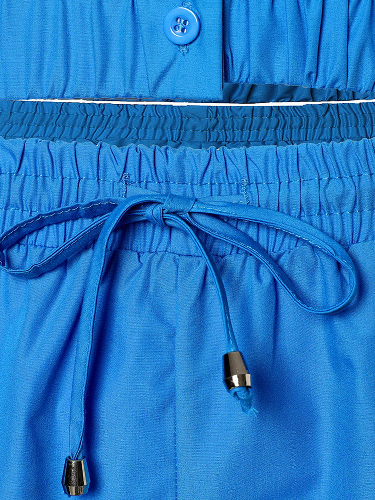 Casual Sporty Turn Down Collar Elastic Waist Tape Solid Summer Short Sets