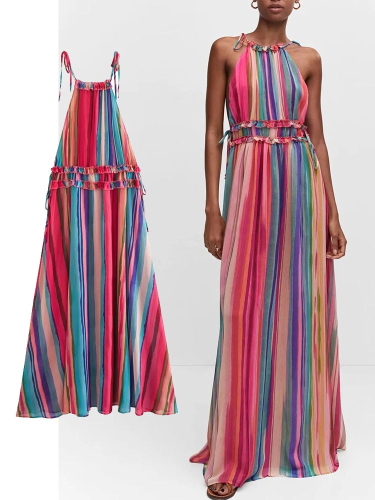 Sleeveless Beach Striped Ruffle Maxi Dress