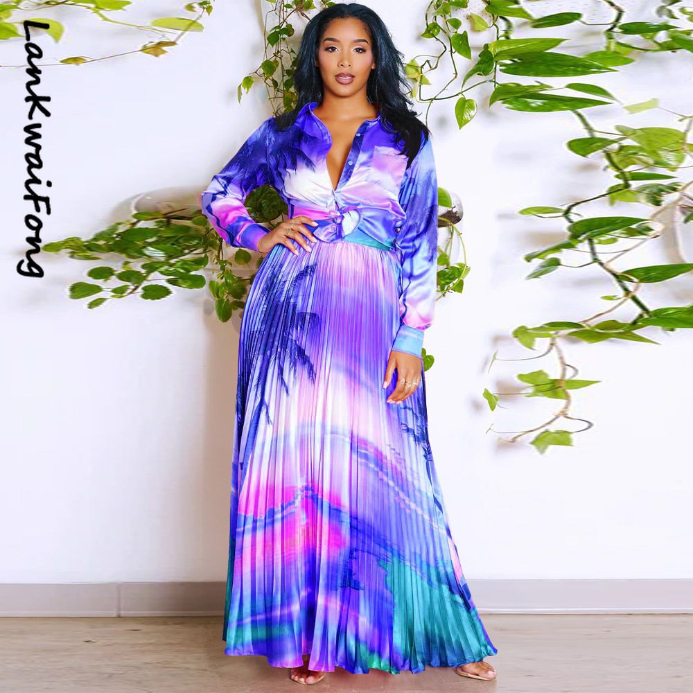 Vintage Tie Dye Leaf Printed Long Sleeve Shirt and Pleated Maxi Skirt