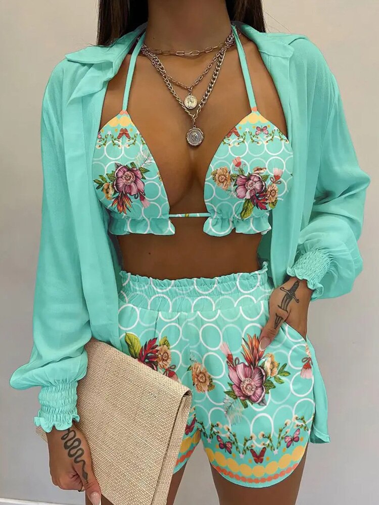 Tropical Print Lantern Sleeve Open Stitch Shirt & Shorts Set with Crop Top