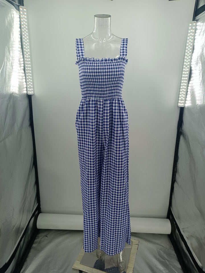 Summer Vintage Holiday Spaghetti Strap Elegant Boho Plaid Jumpsuit