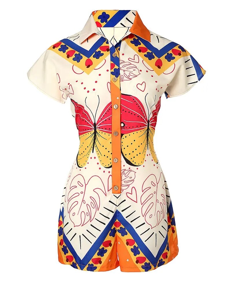Casual Turn Down Collar Short Sleeves All Over Print Button Bodycon Rompers