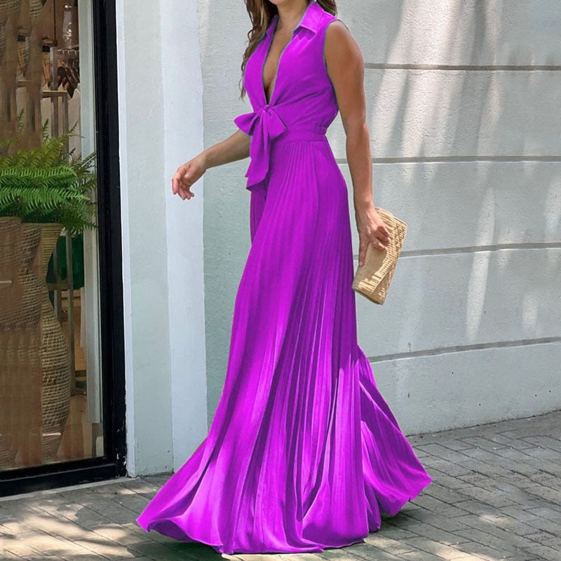 Summer Fashion V Neck Sleeveless Lapel Solid Pleated Lace Up Loose Wide Legs Jumpsuit