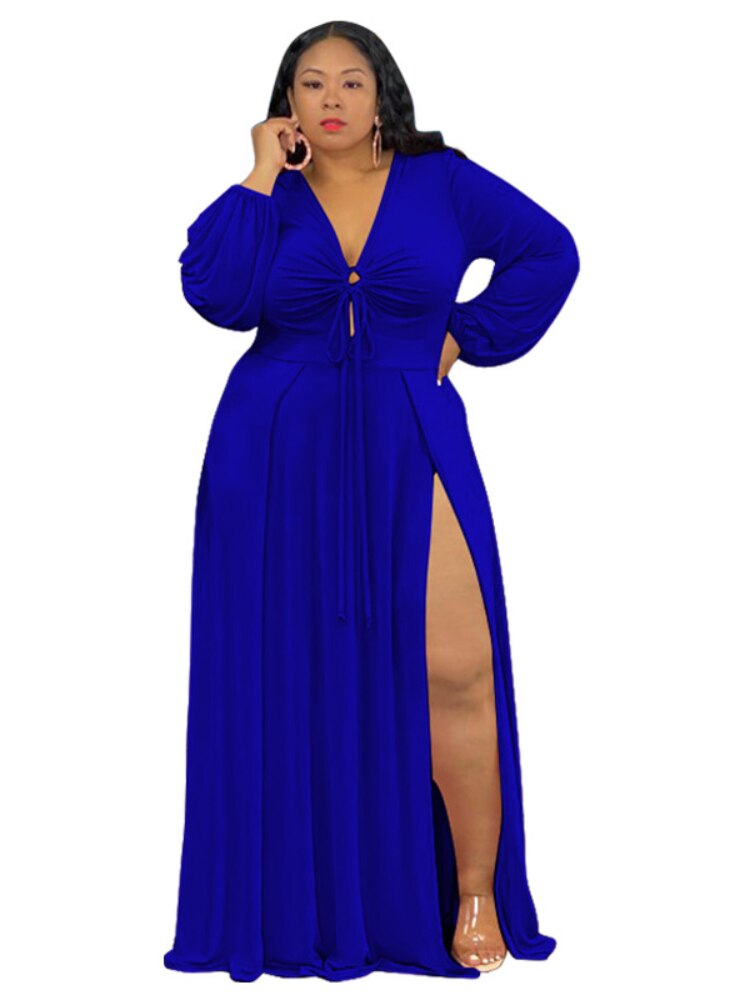 Plus Size Long Sleeve V-Neck Slit Strap Maxi Dresses