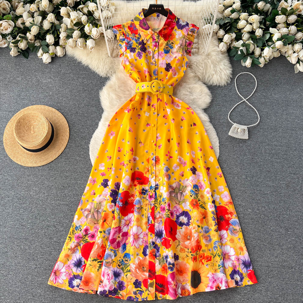 Summer Sleeveless Ruffles Single Breasted High Waist Belt Floral Print Maxi Dress