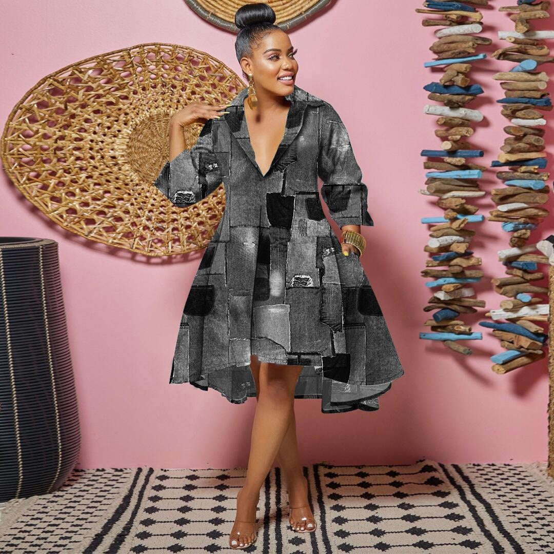 Turn-down Neck Big Swing Blouse Shirt Style Knee Length Dress