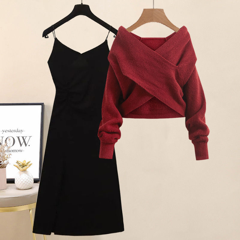 Spring and Autumn Fashionable Sweater Sling Dress Two Piece Set