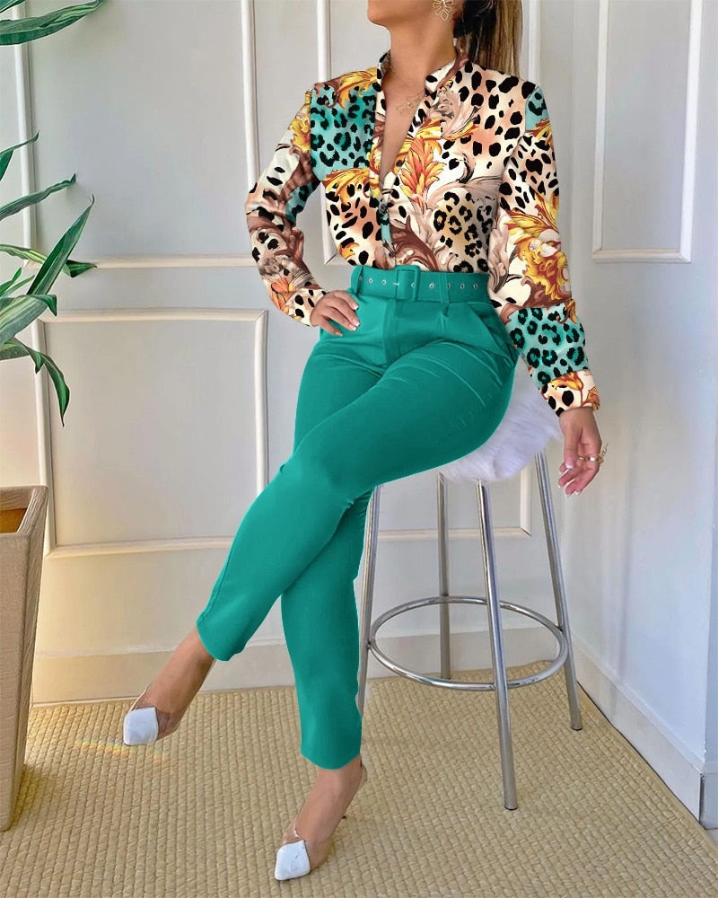 Autumn Fashion Print Stand-Up Collar Long-Sleeved Shirt Top with Belt Solid Color Trousers