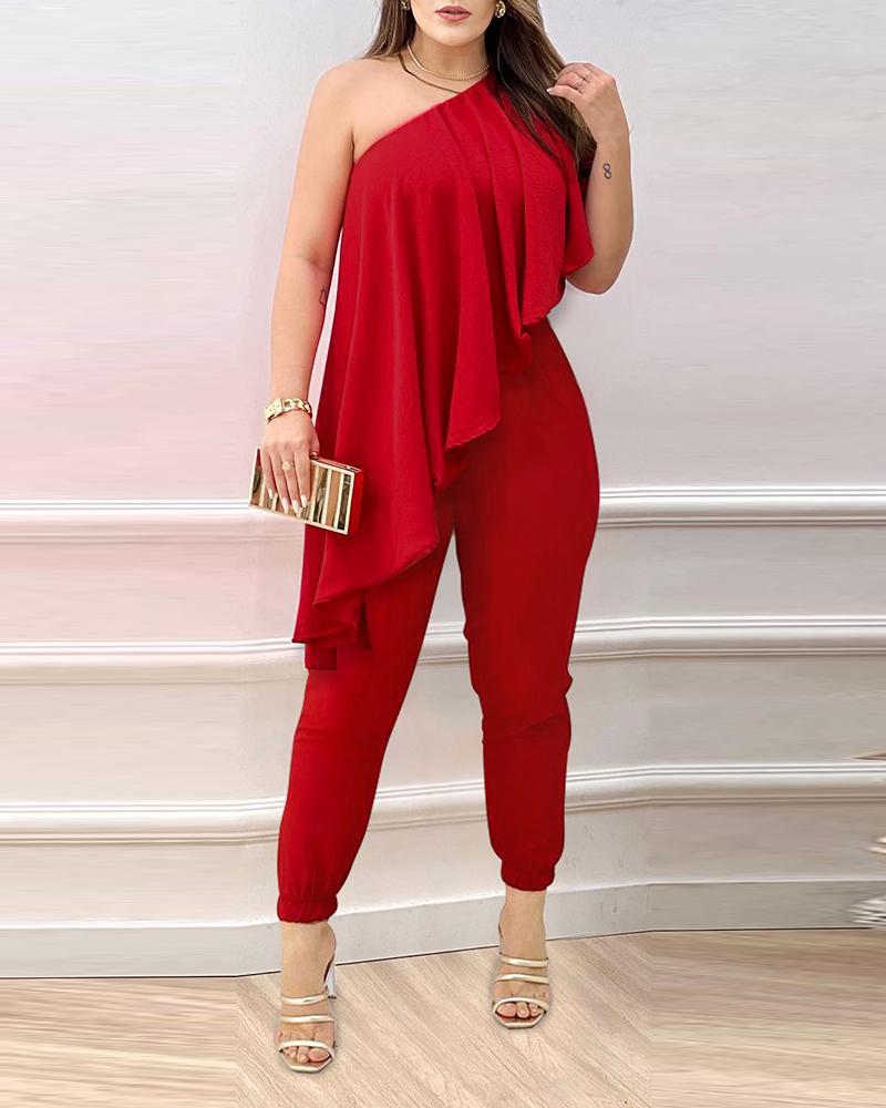 One Shoulder Asymmetrical Ruffles Jumpsuit