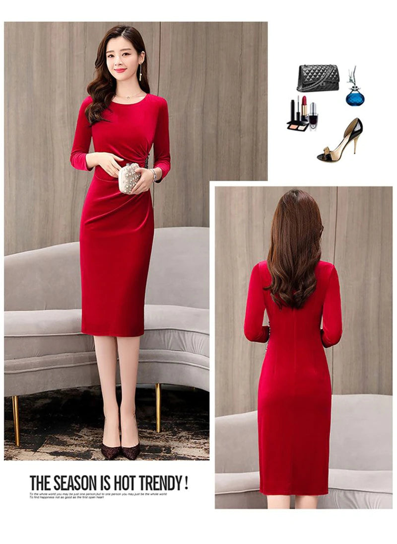 Elegant Long Sleeve Slim Pleated Sequin Velvet Dress