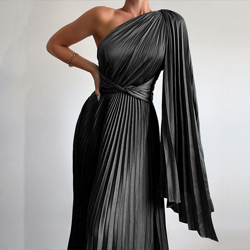 Sexy Off Shoulder Oblique Collar Pleated Maxi Dress