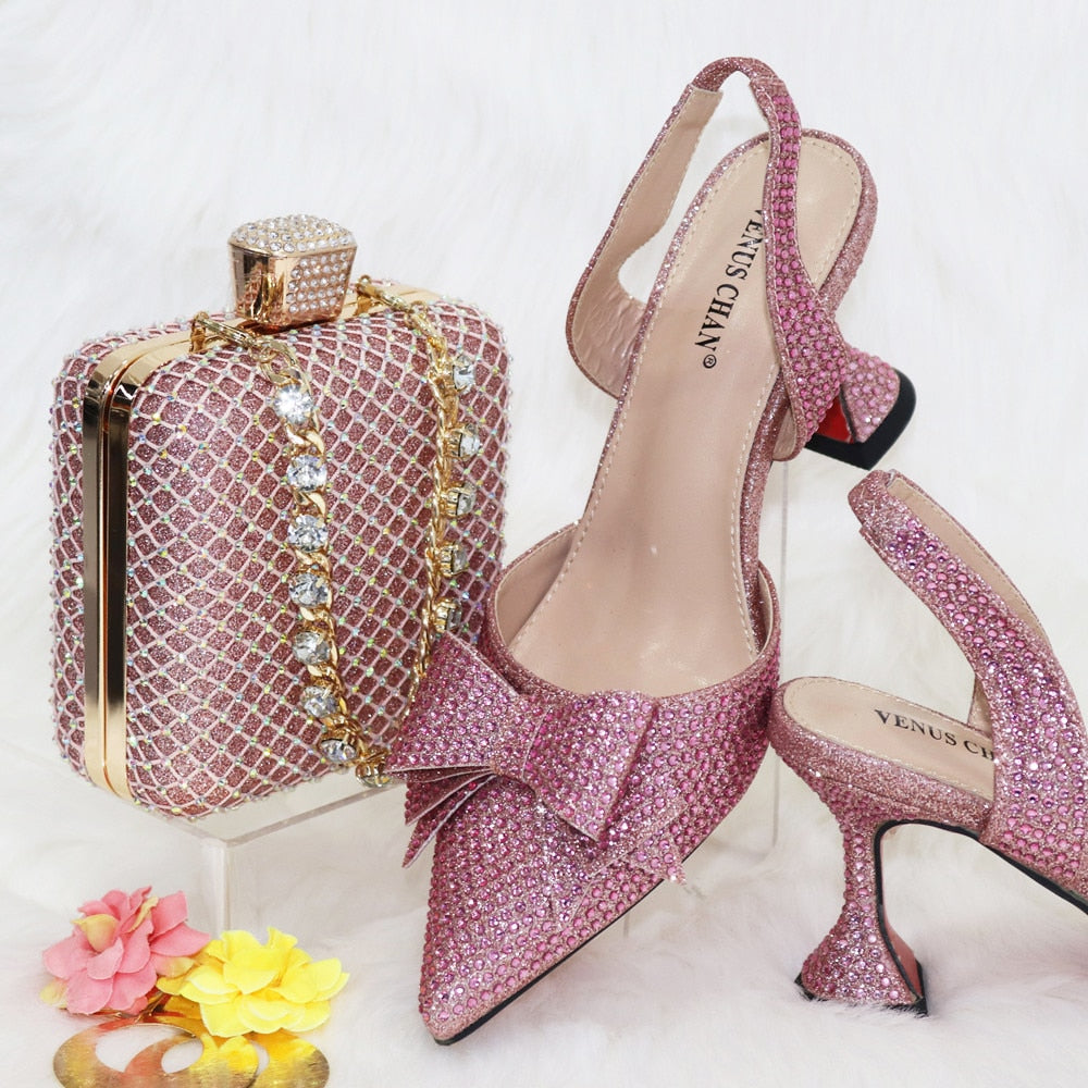 Classics Design Women Shoes Matching Bag Set with Crystal