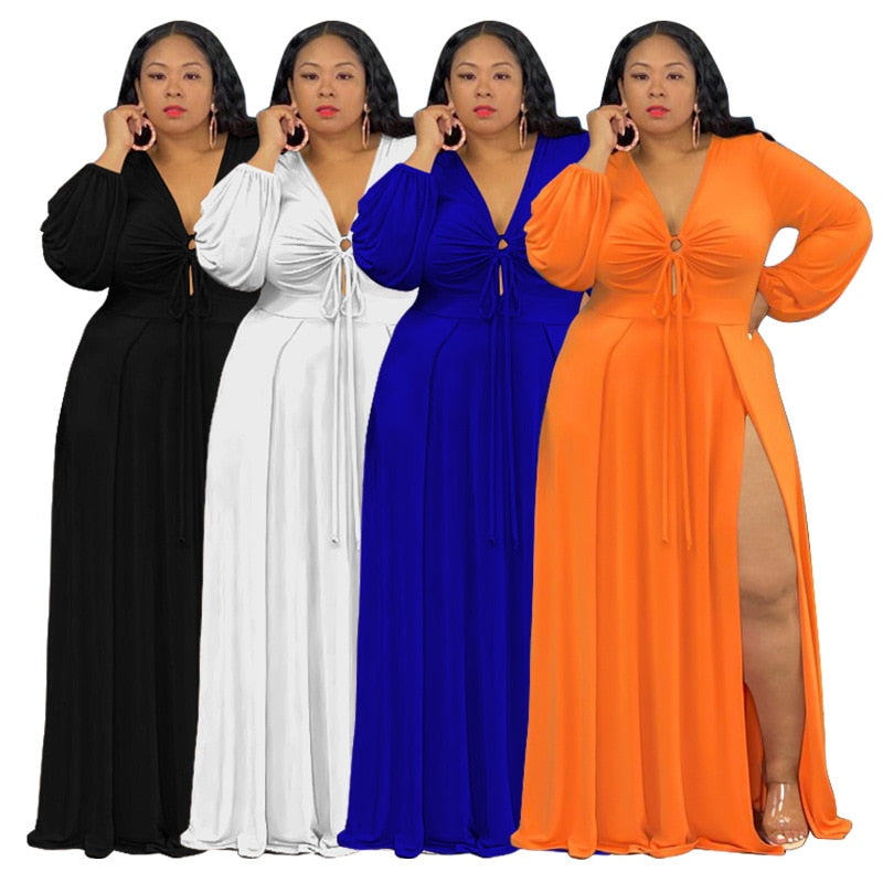 Plus Size Long Sleeve V-Neck Slit Strap Maxi Dresses