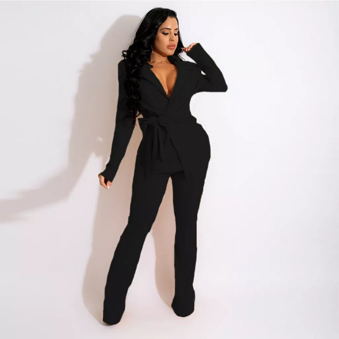 Blazer and Straight Wide Leg Pants Suit