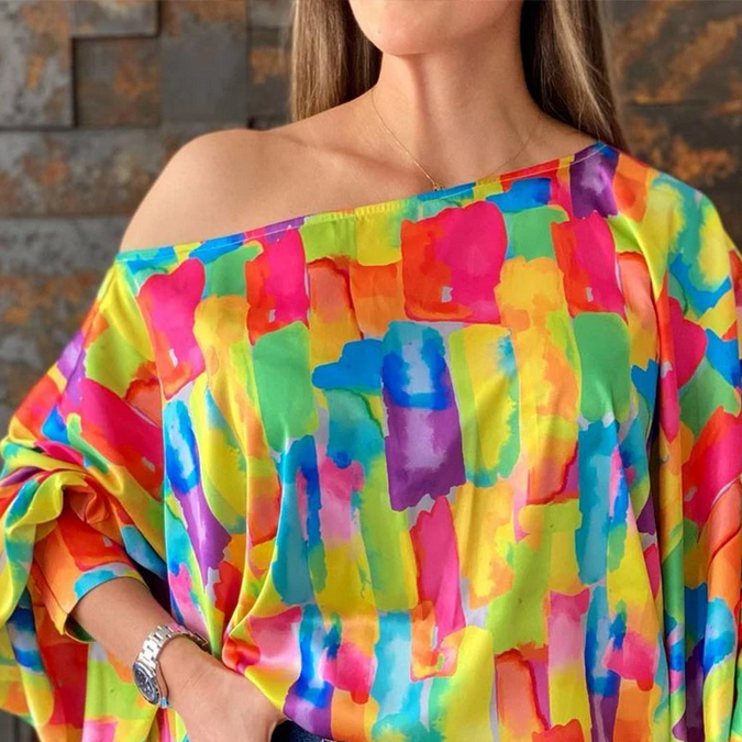 Lantern Sleeve Colorblock Slash Neck Casual Blouse