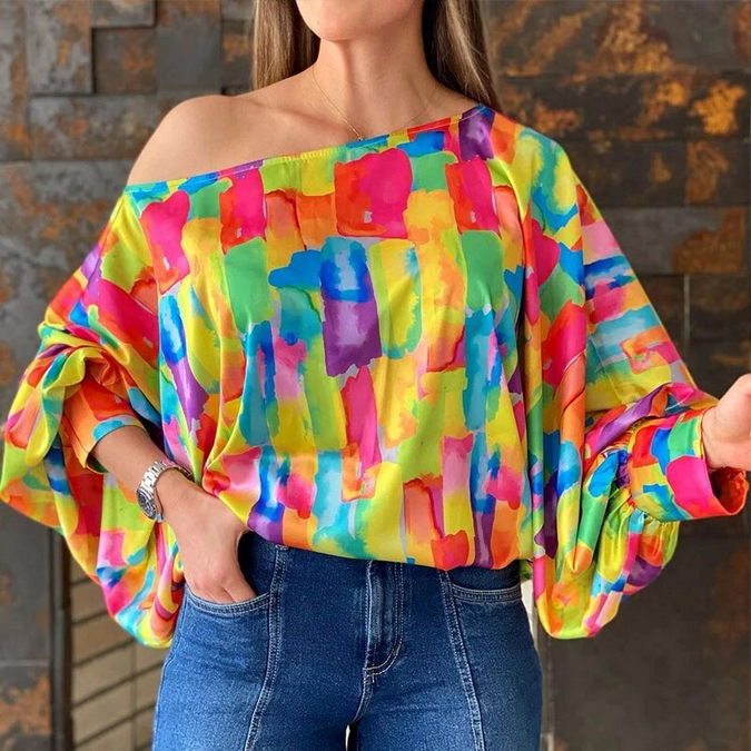 Lantern Sleeve Colorblock Slash Neck Casual Blouse