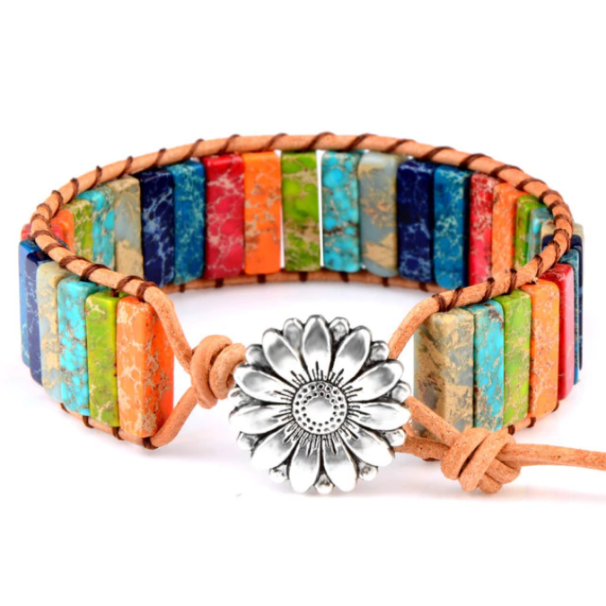 Multicolor Natural Gem Leather Tibetan Gypsy Beaded Adjustable Bracelet