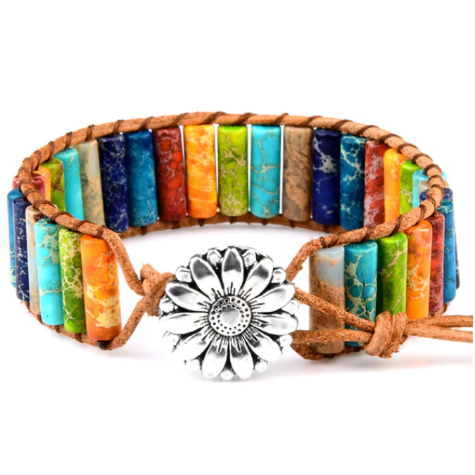 Multicolor Natural Gem Leather Tibetan Gypsy Beaded Adjustable Bracelet
