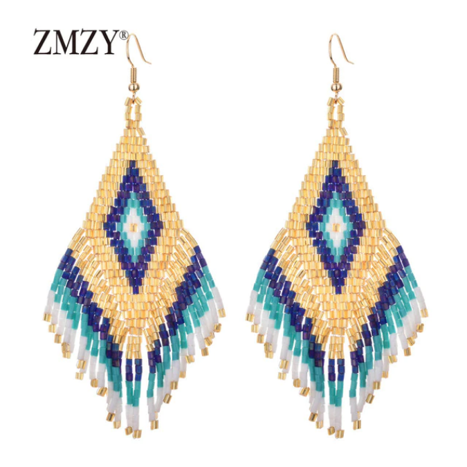 Women Bohemian Long Tassel Crystal Bead Handmade Earring