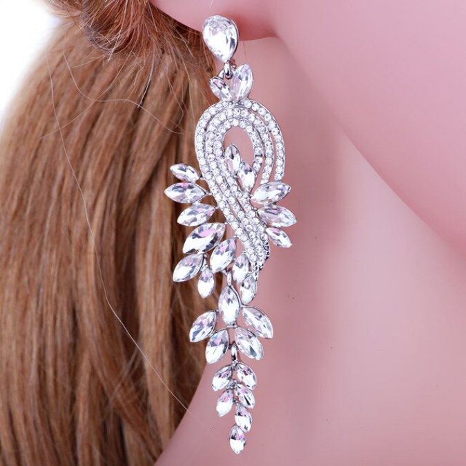 Luxury Crystal Leaf Long Drop Earrings