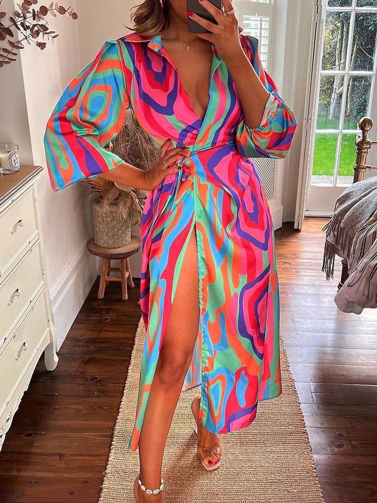 Sexy  Colorful Print Boho Beach Tie-Up Wrap Split Dress